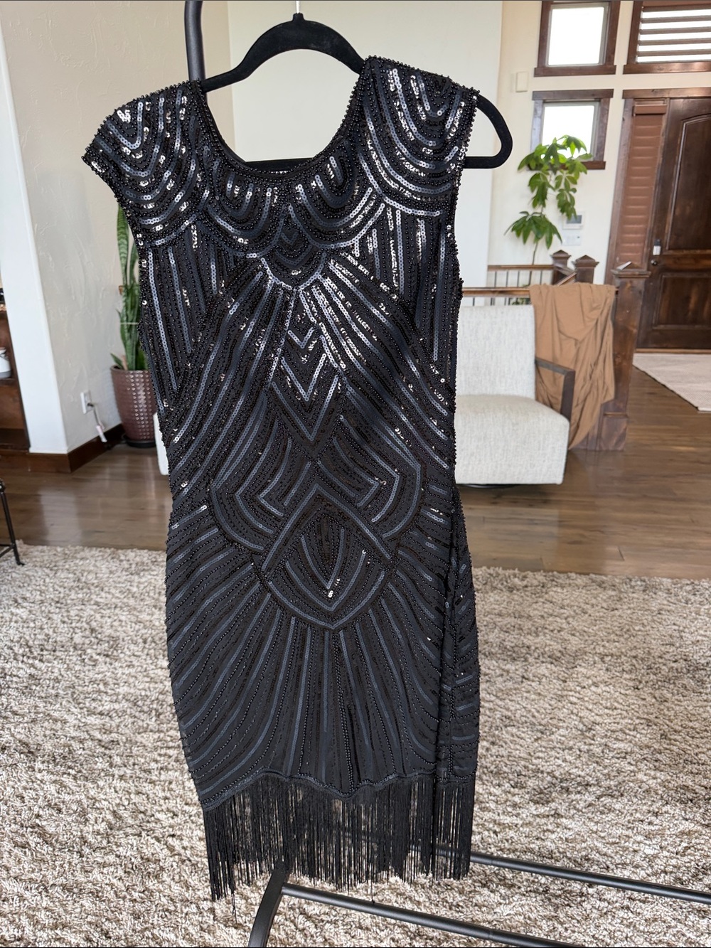 Black Beaded Fringe Midi Dress - Elegant Evening Midi